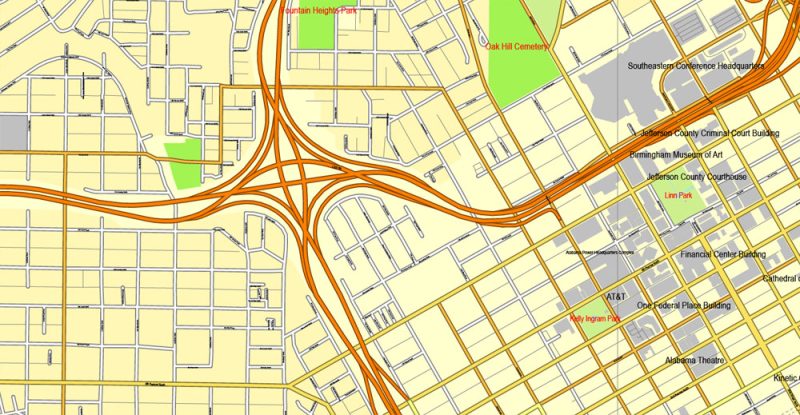 Vector Map Birmingham, Alabama, US, exact vector map Adobe Illustrator editable City Plan V3.09, full vector, scalable, editable, text format street names, 8 mb ZIP