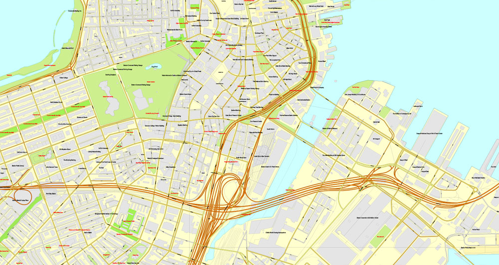 Vector Map Boston, Massachusetts, US, exact map: Printable City Plan Map V.2, Adobe Illustrator, full vector, scalable, editable, separated text layer street names, 43 mb ZIP