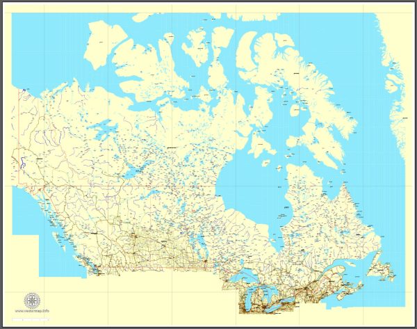 Free vector Map Canada, mainroads, cities, borders, province borders, Adobe Illustrator, PDF, editable, printable