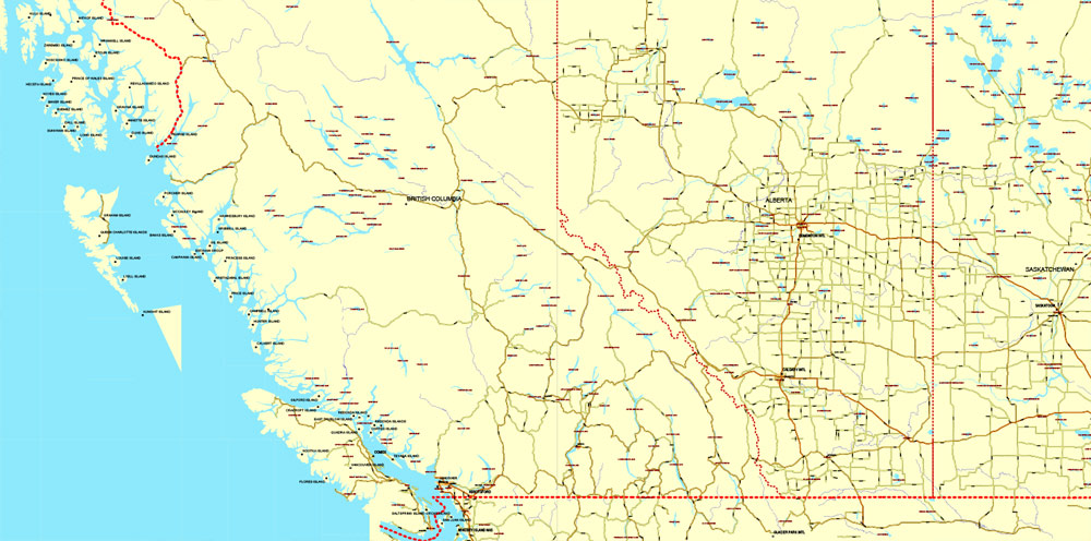 Free vector Map Canada, mainroads, cities, borders, province borders, Adobe Illustrator, PDF, editable, printable