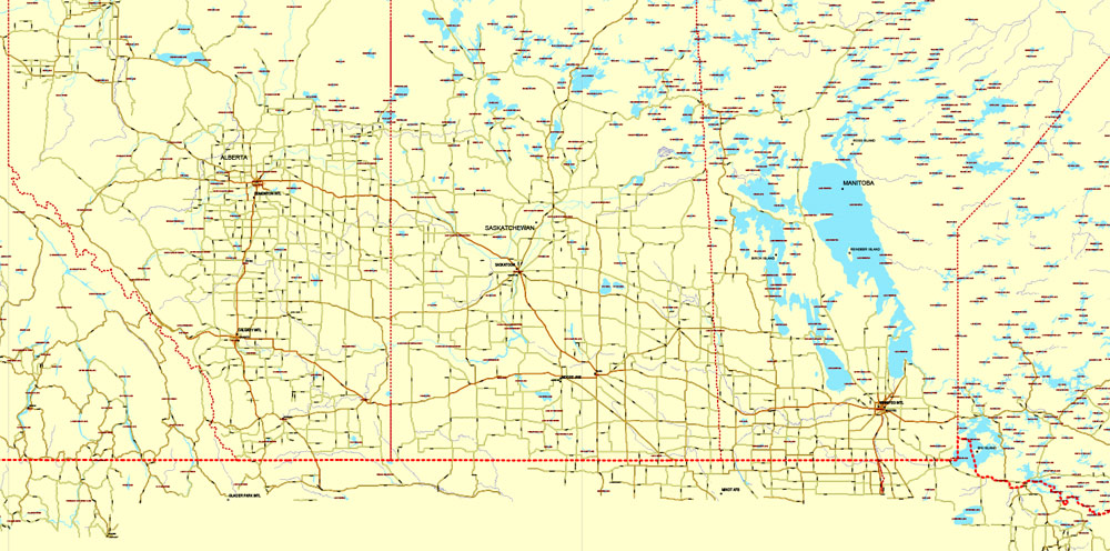 Free vector Map Canada, mainroads, cities, borders, province borders, Adobe Illustrator, PDF, editable, printable