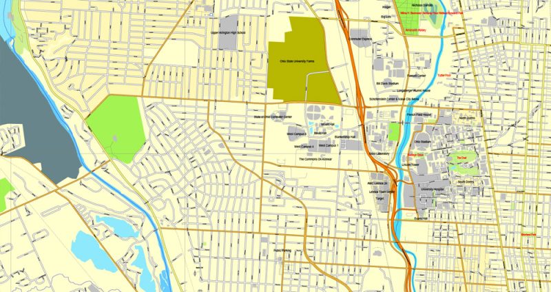 Printable Map Columbus, Ohio, US, exact vector map Adobe Illustrator editable City Plan V3.09, full vector, scalable, editable text format street names, 16 mb ZIP