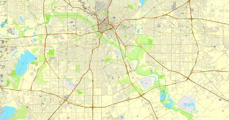 Dallas, Texas, US, exact vector map Adobe Illustrator editable City Plan V3.09, full vector