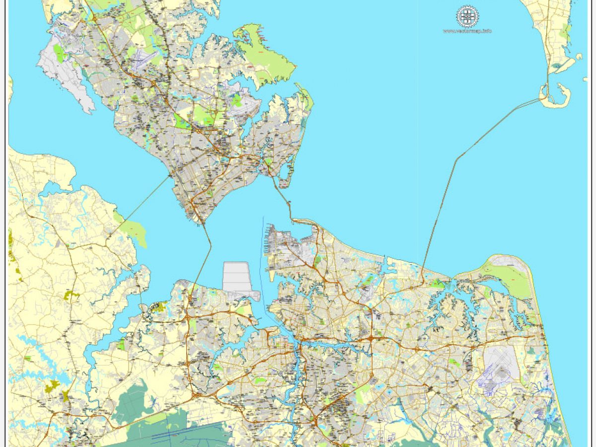Hampton Newport News Norfolk Chesapeake Portsmouth Virginia Beach Us Exact Vector Street City Plan Map V2 09 Full Editable Adobe Illustrator