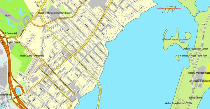 Printable map Hampton, Newport News, Norfolk, Chesapeake, Portsmouth, Virginia Beach, US, exact vector street City Plan map V2.09, full editable, Adobe Illustrator, full vector, scalable, editable text format street names, 45 mb ZIP