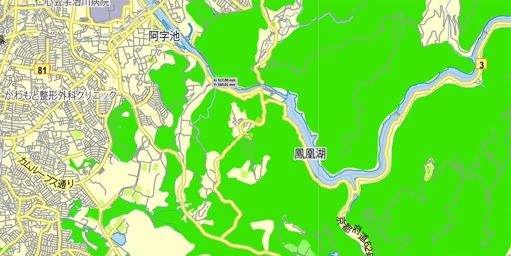 Printable Map Kyoto, Japan, exact vector map G-View level 13 (2,000 meters) street City Plan V.3.09 full editable, Adobe Illustrator, full vector, scalable, editable text format street names, 5 mb ZIP