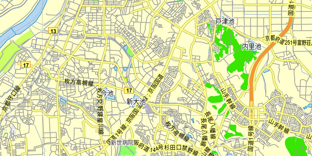 Printable Map Kyoto, Japan, exact vector map G-View level 13 (2,000 meters) street City Plan V.3.09 full editable, Adobe Illustrator, full vector, scalable, editable text format street names, 5 mb ZIP