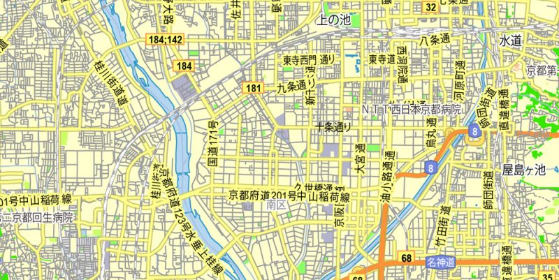 Printable Map Kyoto, Japan, exact vector map G-View level 13 (2,000 meters) street City Plan V.3.09 full editable, Adobe Illustrator, full vector, scalable, editable text format street names, 5 mb ZIP