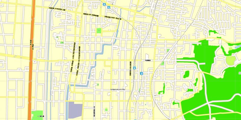 Printable Map Kyoto, Japan, exact vector map G-View level 16 (250 meters) street City Plan V.3.09 full editable, Adobe Illustrator, full vector, scalable, editable text format street names, 13 mb ZIP