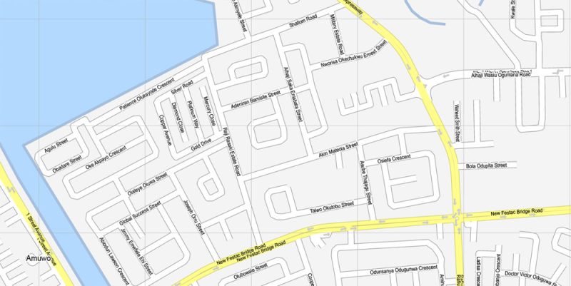 Printable Map Lagos, Nigeria, exact vector map G-View level 16 (250 meters) street City Plan full editable, Adobe Illustrator, full vector, scalable, editable text format street names, 6 mb ZIP