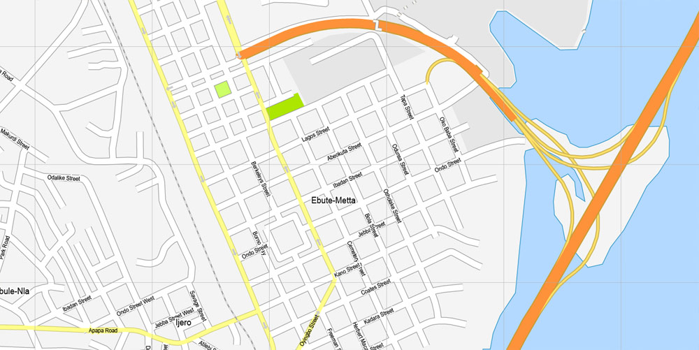 Printable Map Lagos, Nigeria, exact vector map G-View level 16 (250 meters) street City Plan full editable, Adobe Illustrator, full vector, scalable, editable text format street names, 6 mb ZIP