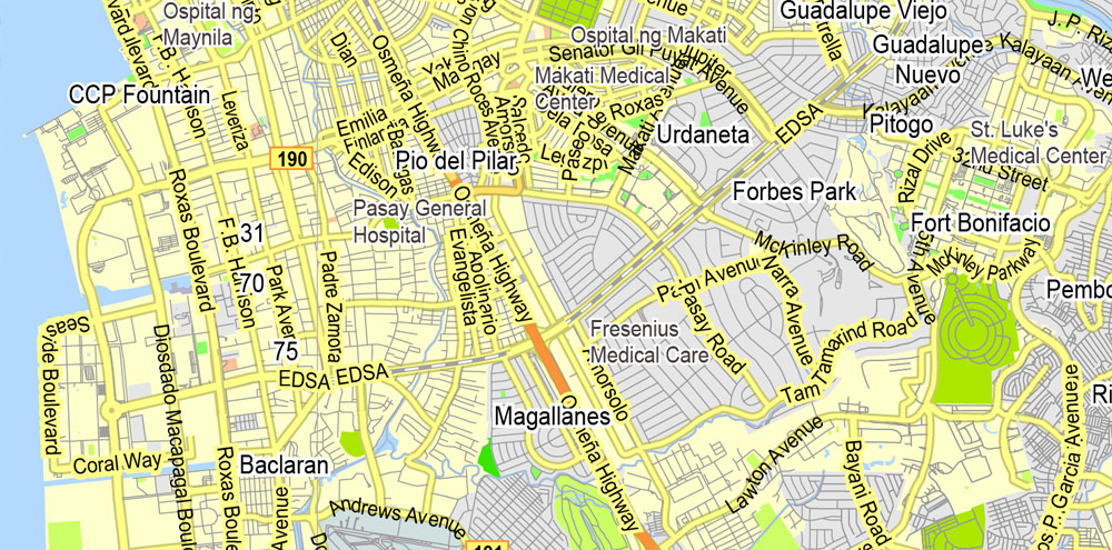 Printable Map Manila Grande, Philippines, exact vector street City Plan map G-View Level 13 (2000 meters), full editable, Adobe Illustrator, full vector, scalable, editable text format street names, 6 mb ZIP