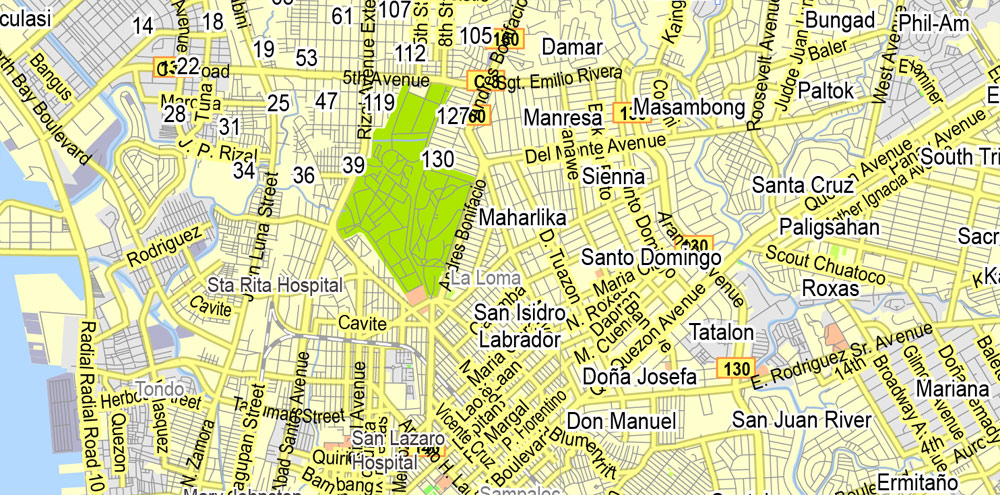 Printable Map Manila Grande, Philippines, exact vector street City Plan map G-View Level 13 (2000 meters), full editable, Adobe Illustrator, full vector, scalable, editable text format street names, 6 mb ZIP