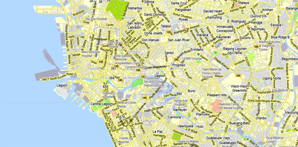 Manila Grande, Philippines, exact vector street City Plan map G-View Level 13 (2000 meters), full editable, Adobe Illustrator