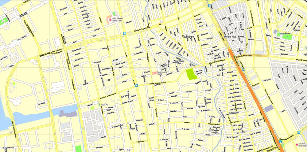 Manila, Philippines, exact vector street City Plan map G-View Level 16 (250 meters), full editable, Adobe Illustrator