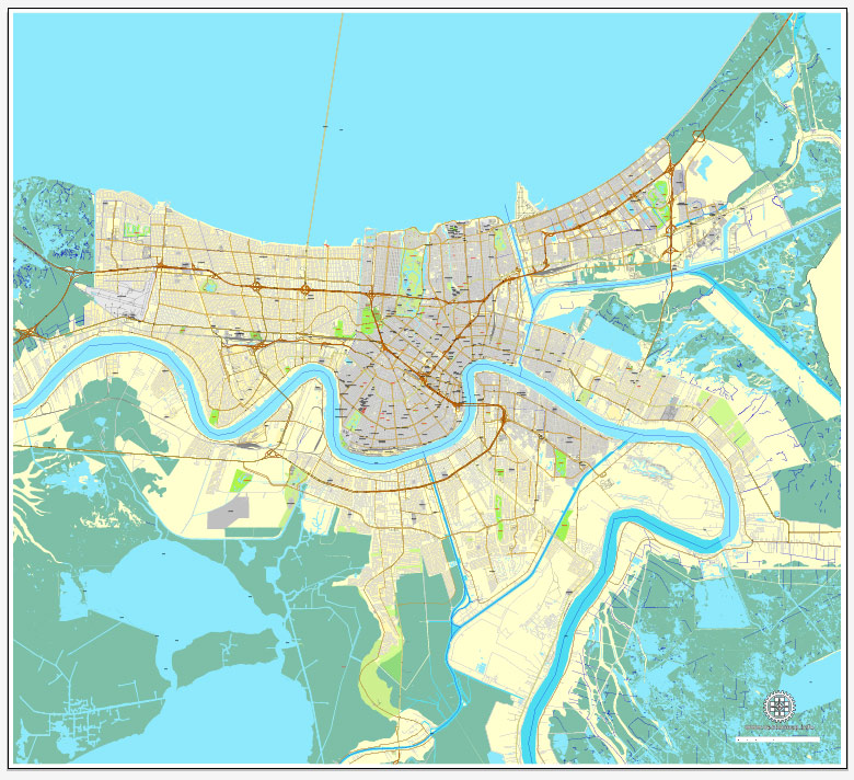 New Orleans Louisiana Us Exact Vector Map Adobe Illustrator Editable City Plan V3 09 Full Vector