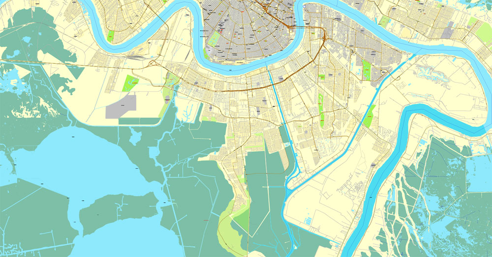 New Orleans, Louisiana, US, vector map V.2 Adobe PDF editable City Plan, full vector