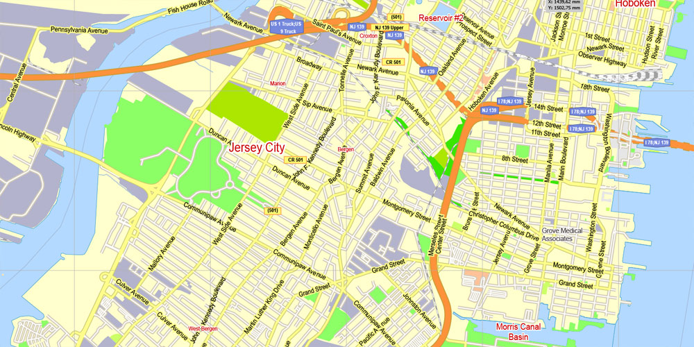 Printable New York City Map, US, exact vector street G-view Level 14 (1,000 meters) map V3.09, full editable, Adobe Illustrator, full vector, scalable, editable text format street names, 24 mb ZIP