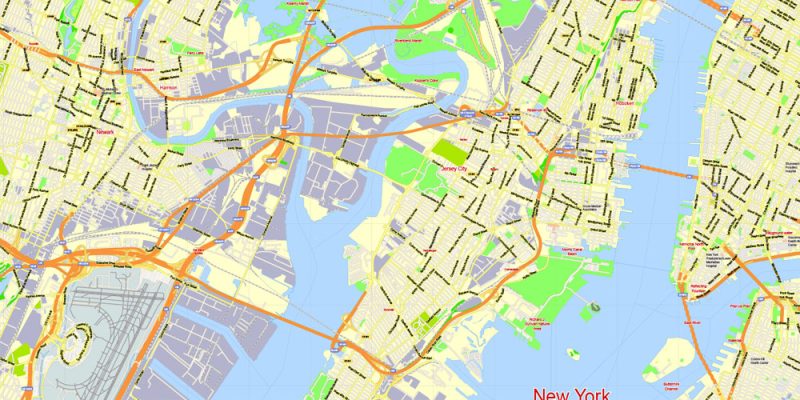 Printable New York City Map, US, exact vector street G-view Level 14 (1,000 meters) map V3.09, full editable, Adobe Illustrator, full vector, scalable, editable text format street names, 24 mb ZIP