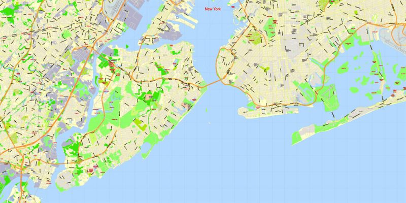 New York City Map, US, exact vector street G-view Level 14 (1,000 meters)  map V3.09, full editable, printable Adobe Illustrator