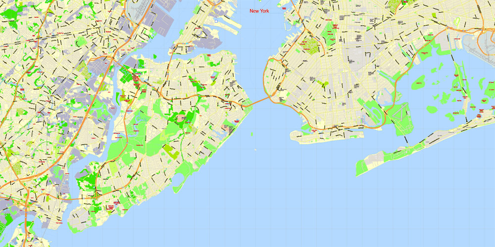 New York City Map, US, exact vector street G-view Level 14 (1,000 meters)  map V3.09, full editable, printable Adobe PDF