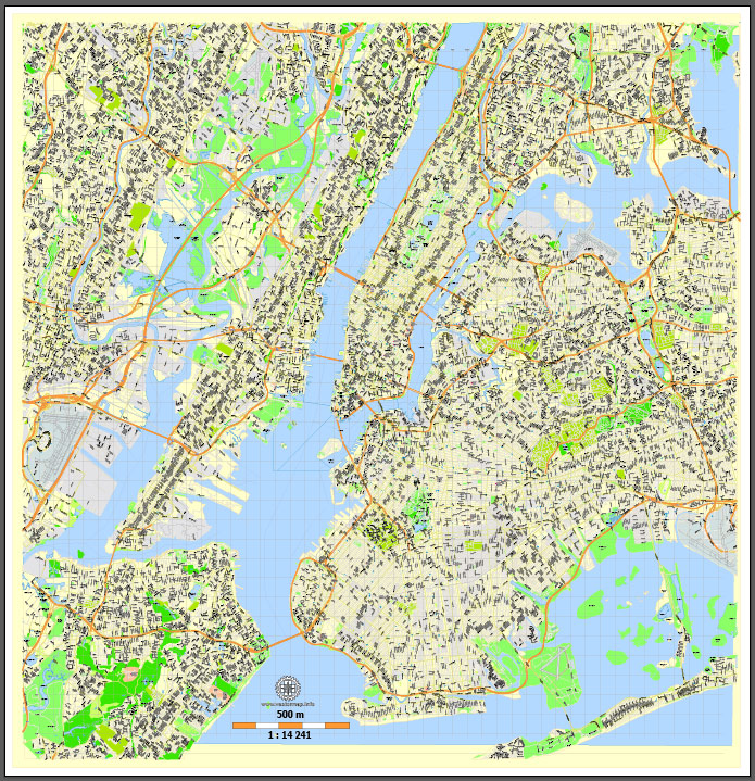 Printable New York Map, US, exact vector street G-view Level 15 (500 meters) map V3.09, full editable, Adobe Illustrator, full vector, scalable, editable text format street names, 23 mb ZIP