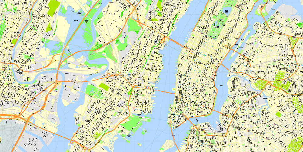 Printable Map New York City, US, exact vector street G-view Level 15 (500 meters) map V3.09, full editable, Adobe Illustrator, full vector, scalable, editable text format street names, 23 mb ZIP