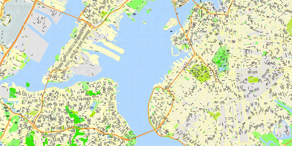 New York City Map, US, exact vector street G-view Level 15 (500 meters)  map V3.09, full editable, printable Adobe PDF