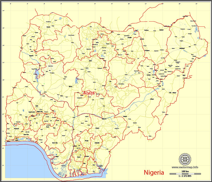 Printable Map Nigeria, full, exact vector map G-View level 8 (100 kilometers) Main Roads and borders, full editable, Adobe Illustrator, full vector, scalable, editable text format street names, 8 mb ZIP