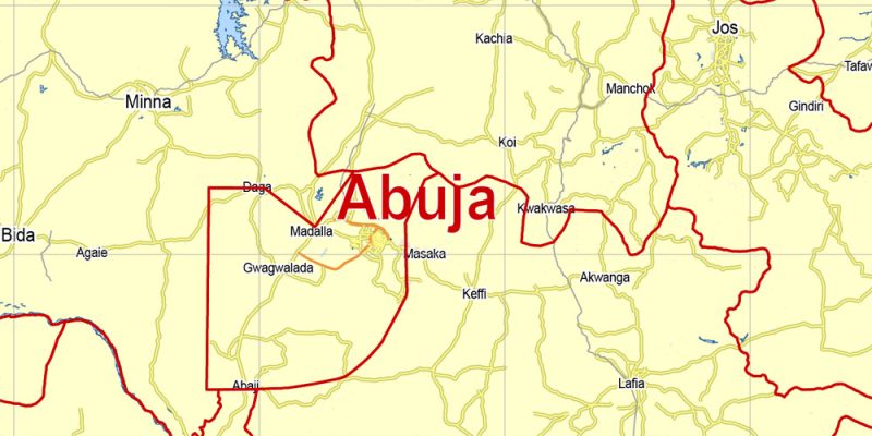 Nigeria, full, printable exact vector map G-View level 8 (100 kilometers) Main Roads and borders, full editable, Adobe Illustrator