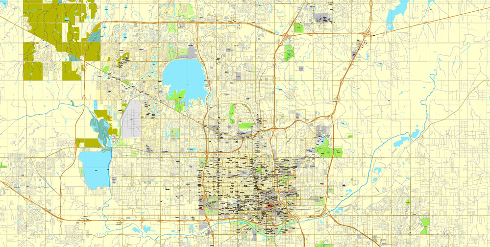 Printable Map Oklahoma City, Oklahoma, US, exact vector street City Plan map V3.09, full editable, Adobe Illustrator, full vector, scalable, editable text format street names, 16 mb ZIP