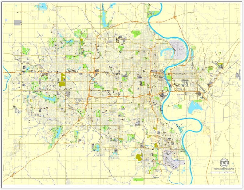 Printable Map Omaha, Nebraska, US, exact vector street City Plan map V3.09, full editable, Adobe Illustrator, full vector, scalable, editable text format street names, 11 mb ZIP