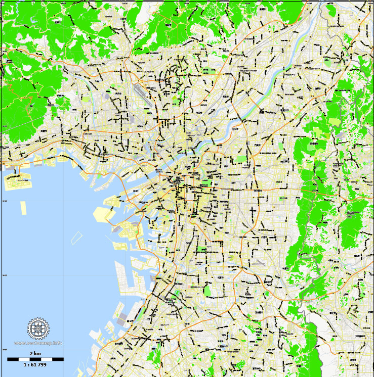 Printable Map Osaka, Japan, exact vector map G-View level 13 (2,000 meters) street City Plan V.3.09 full editable, Adobe Illustrator, full vector, scalable, editable text format street names, 10 mb ZIP