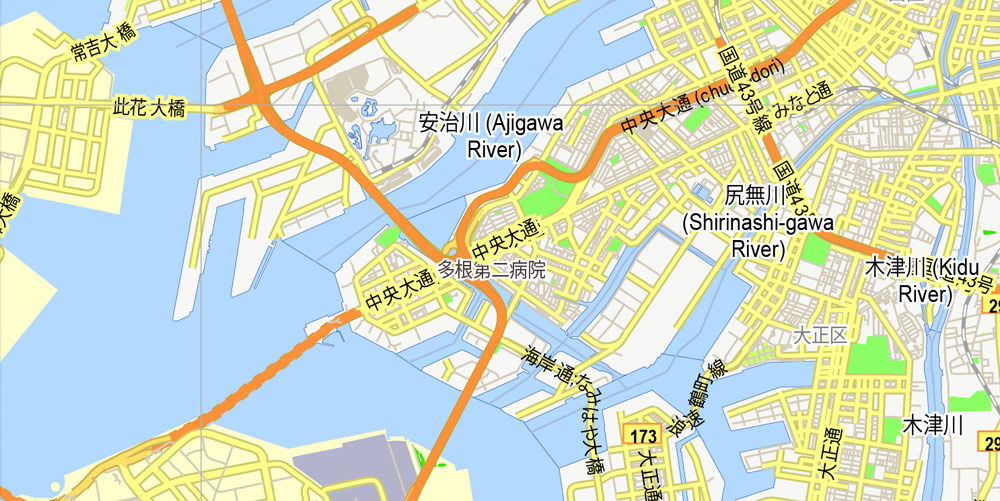 Osaka Vector Map Japan printable exact City Plan 2,000 meters scale Street Map full editable Adobe Illustrator