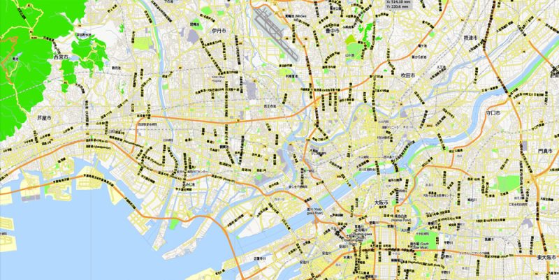 Osaka Vector Map Japan printable exact City Plan 2,000 meters scale Street Map full editable Adobe Illustrator