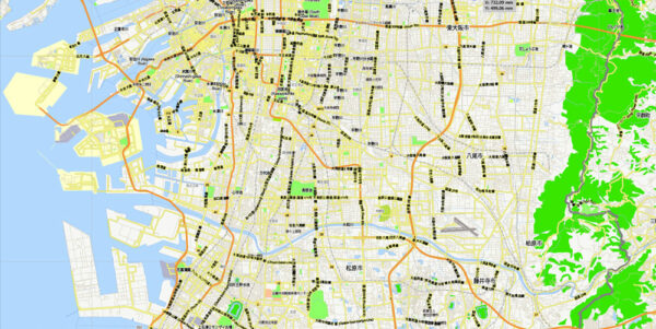 Osaka Vector Map Japan printable exact City Plan 2,000 meters scale ...