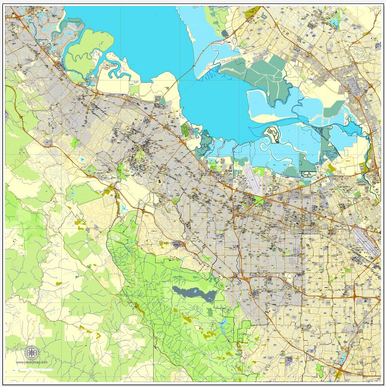Printable map Palo Alto + Mountain View, California, US, exact vector street City Plan map V3.09, full editable, Adobe Illustrator, full vector, scalable, editable text format street names, 27 mb ZIP