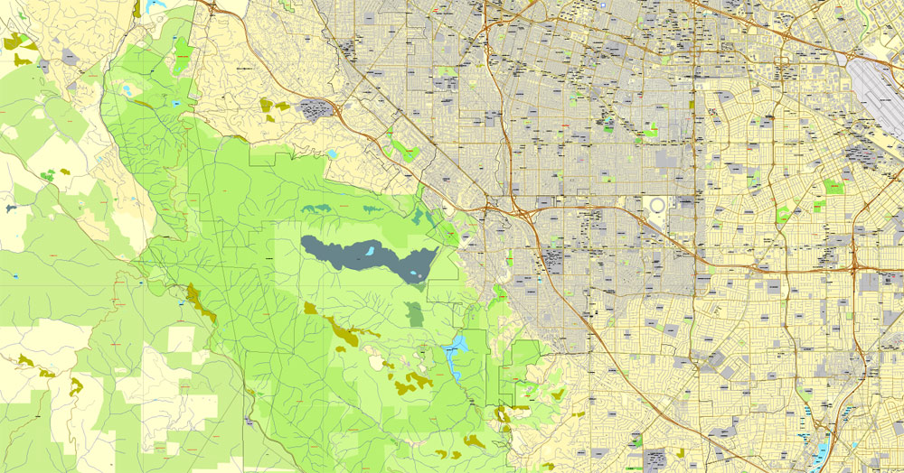 Palo Alto + Mountain View, California, US, printable vector street City Plan map V3.09, full editable, Adobe PDF