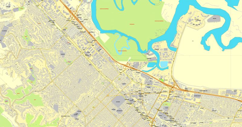 Printable map Palo Alto + Mountain View, California, US, exact vector street City Plan map V3.09, full editable, Adobe Illustrator, full vector, scalable, editable text format street names, 27 mb ZIP