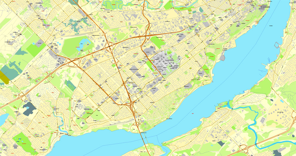 Printable Map Quebec City, Canada, Printable City Plan V.3.09 Adobe Illustrator, full vector, Map V3.09, scalable, editable, separated text layer street names, 8 mb ZIP