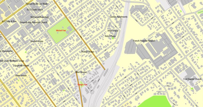 Printable Map San Louis Obispo, Californis, US, exact vector street City Plan map V3.09, full editable, Adobe Illustrator, full vector, scalable, editable text format street names, 3 mb ZIP