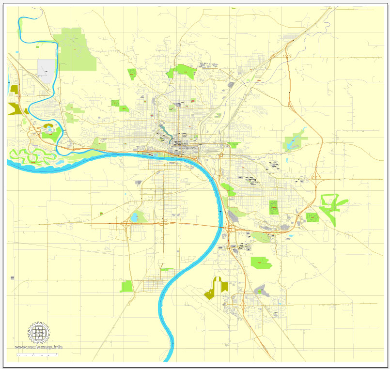 Printable Map Sioux City, Iova, US, exact vector street City Plan map V2.09, full editable, Adobe Illustrator, full vector, scalable, editable text format street names, 3 mb ZIP