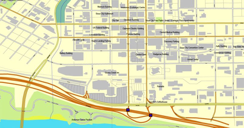 Printable Map Sioux City, Iova, US, exact vector street City Plan map V2.09, full editable, Adobe Illustrator, full vector, scalable, editable text format street names, 3 mb ZIP