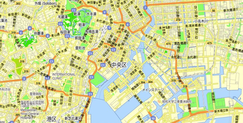 Tokyo, Japan, printable exact vector map G-View level 13 (2,000 meters) street City Plan V.3.09 full editable, Adobe Illustrator, full vector, scalable, editable text format street names, 35 mb ZIP