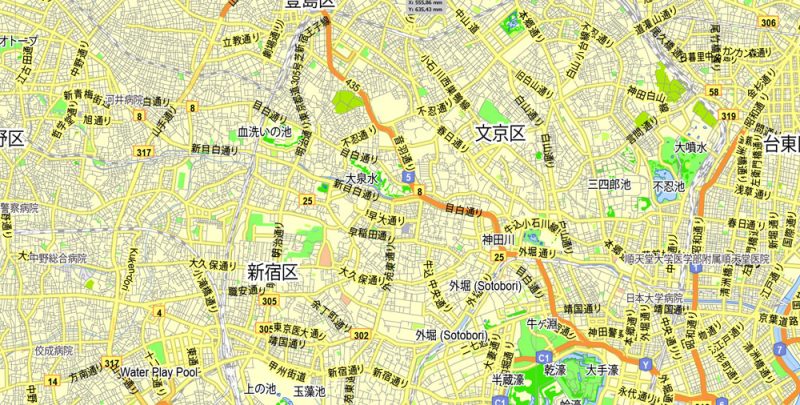 Tokyo, Japan, printable exact vector map G-View level 13 (2,000 meters) street City Plan V.3.09 full editable, Adobe Illustrator, full vector, scalable, editable text format street names, 35 mb ZIP