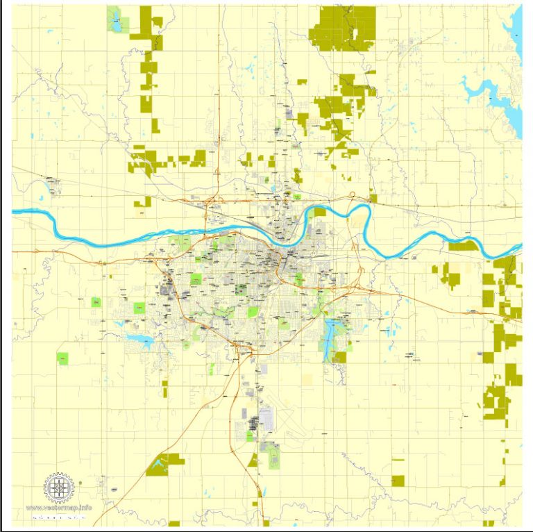 Topeka, Kansas, US, exact vector street City Plan map V2.09, full ...