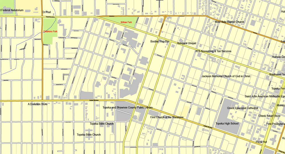 Printable Map Topeka, Kansas, US, exact vector street City Plan map V2.09, full editable, Adobe Illustrator, full vector, scalable, editable text format street names, 7 mb ZIP