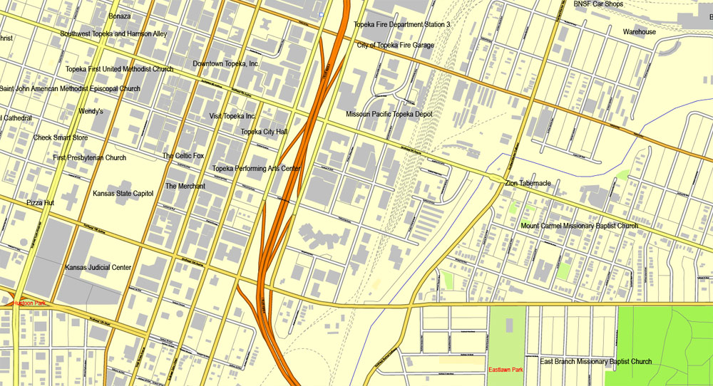 Printable Map Topeka, Kansas, US, exact vector street City Plan map V2.09, full editable, Adobe Illustrator, full vector, scalable, editable text format street names, 7 mb ZIP