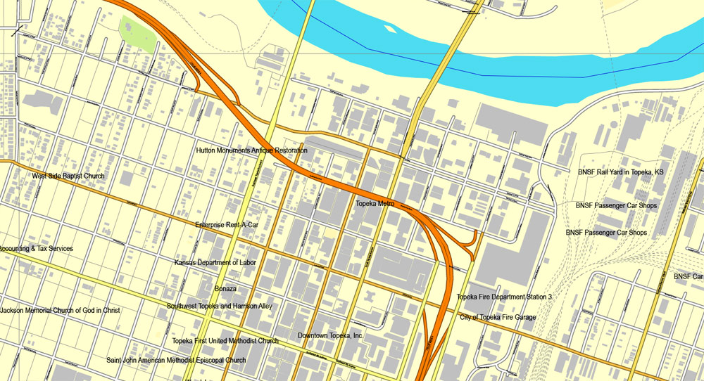 Printable Map Topeka, Kansas, US, exact vector street City Plan map V2.09, full editable, Adobe Illustrator, full vector, scalable, editable text format street names, 7 mb ZIP