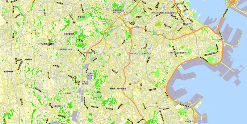 Printable Map Yokohama, Japan, exact vector map G-View level 13 (2,000 meters) street City Plan V.3.09 full editable, Adobe Illustrator, full vector, scalable, editable text format street names, 14 mb ZIP